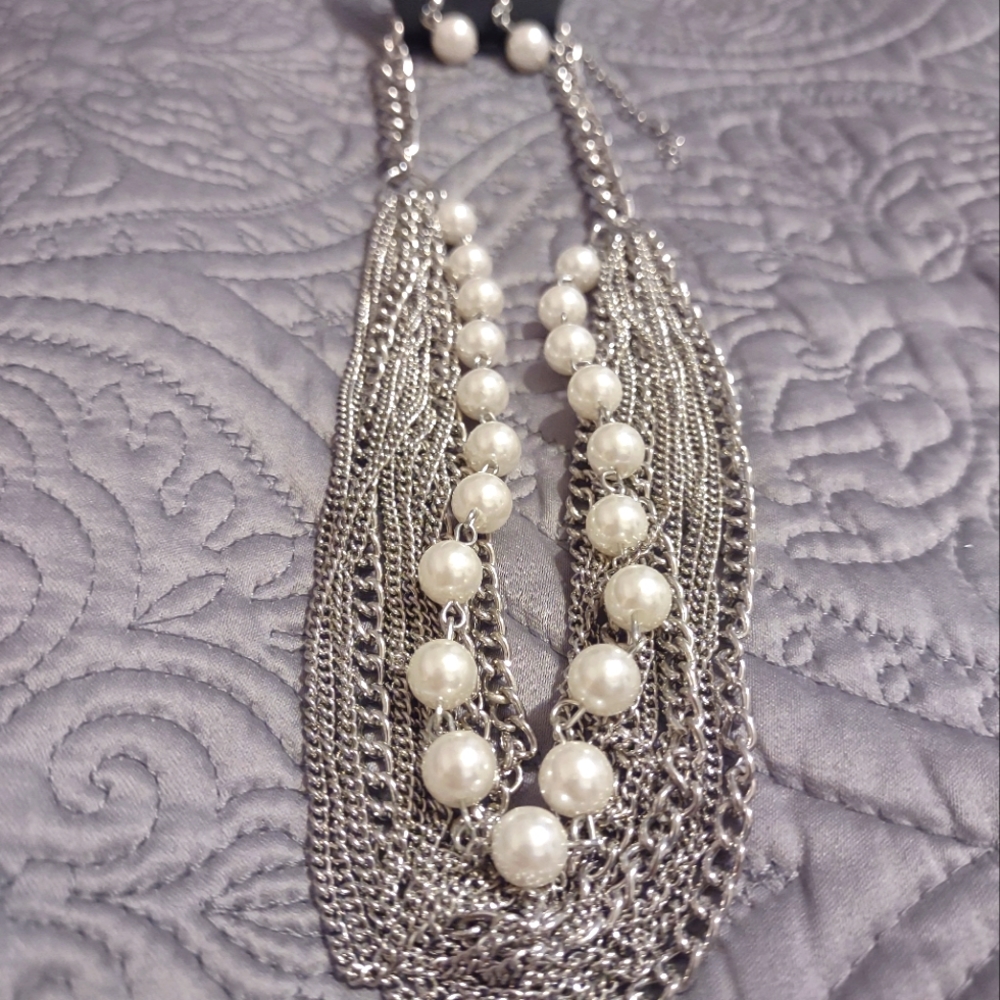 Silver & Faux Pearl Necklace and Earrings.  9 in necklace with 2 in extension